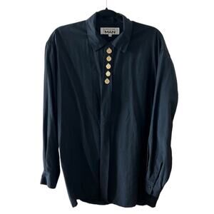 Vintage Y2K Mob Wife Black Buttondown Gold Medallion Art Deco